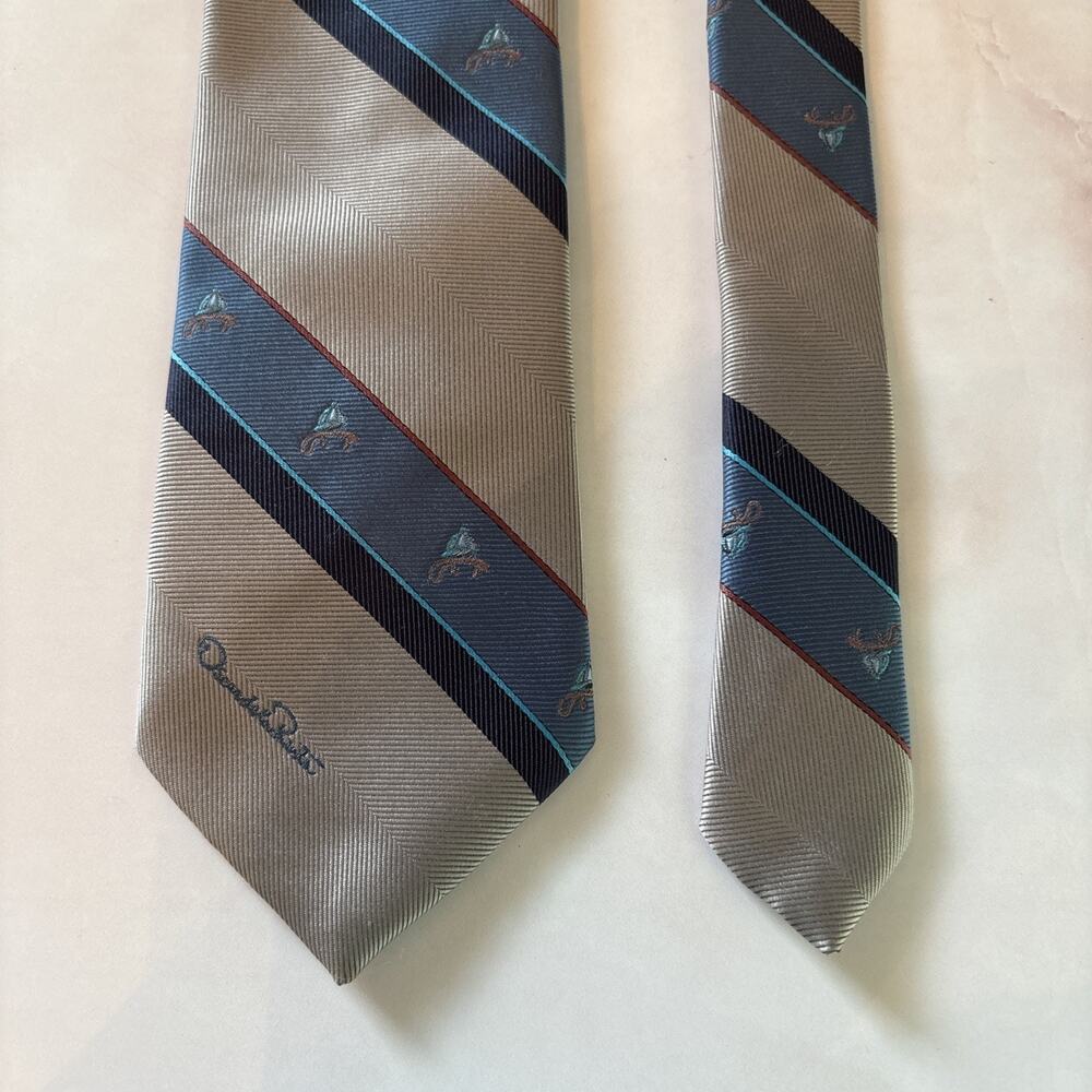 Oscar De La Renta Silk Tie Sailboats Grey Blue Stripe Designer